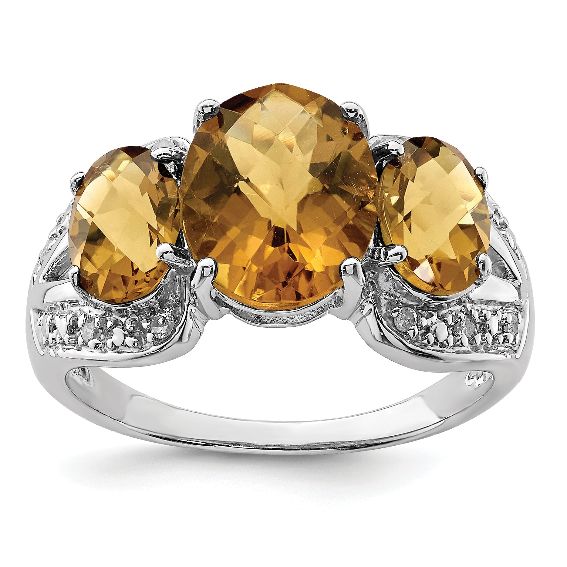 Sterling Silver Rhodium Checker-Cut Whiskey Quartz & Diam. Ring Main image