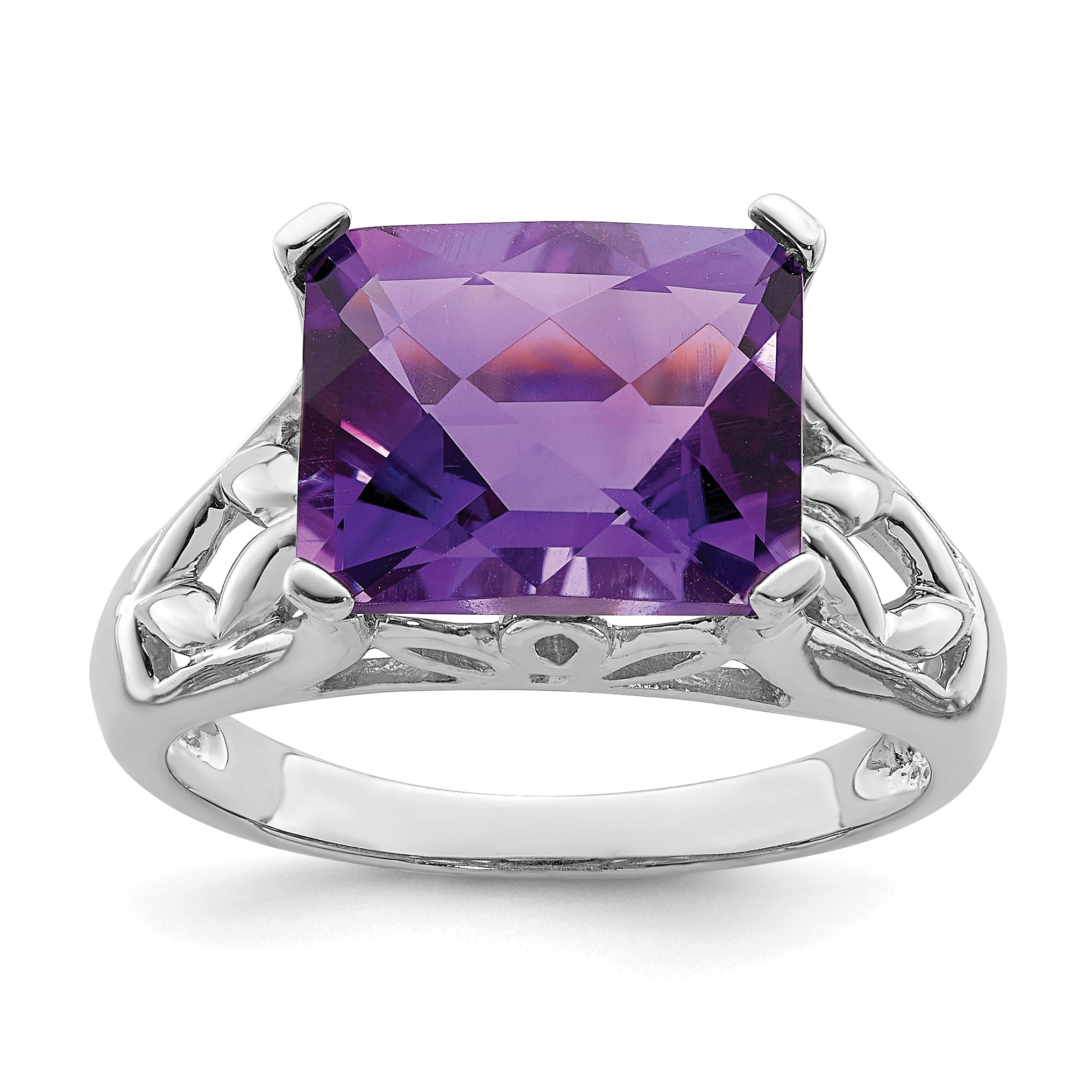 Sterling Silver Rhodium-plated Checker-Cut Amethyst Ring Main image