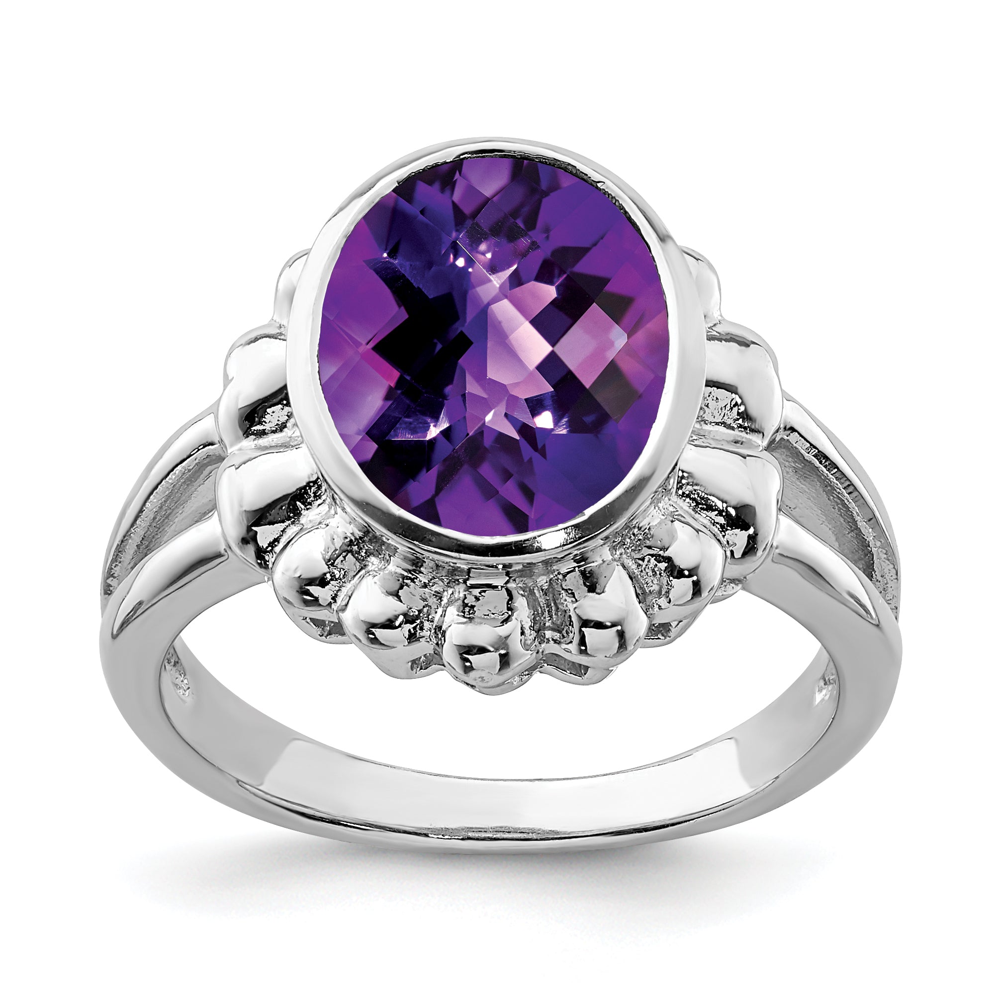 Sterling Silver Rhodium-plated Oval Checker-Cut Amethyst Ring Main image