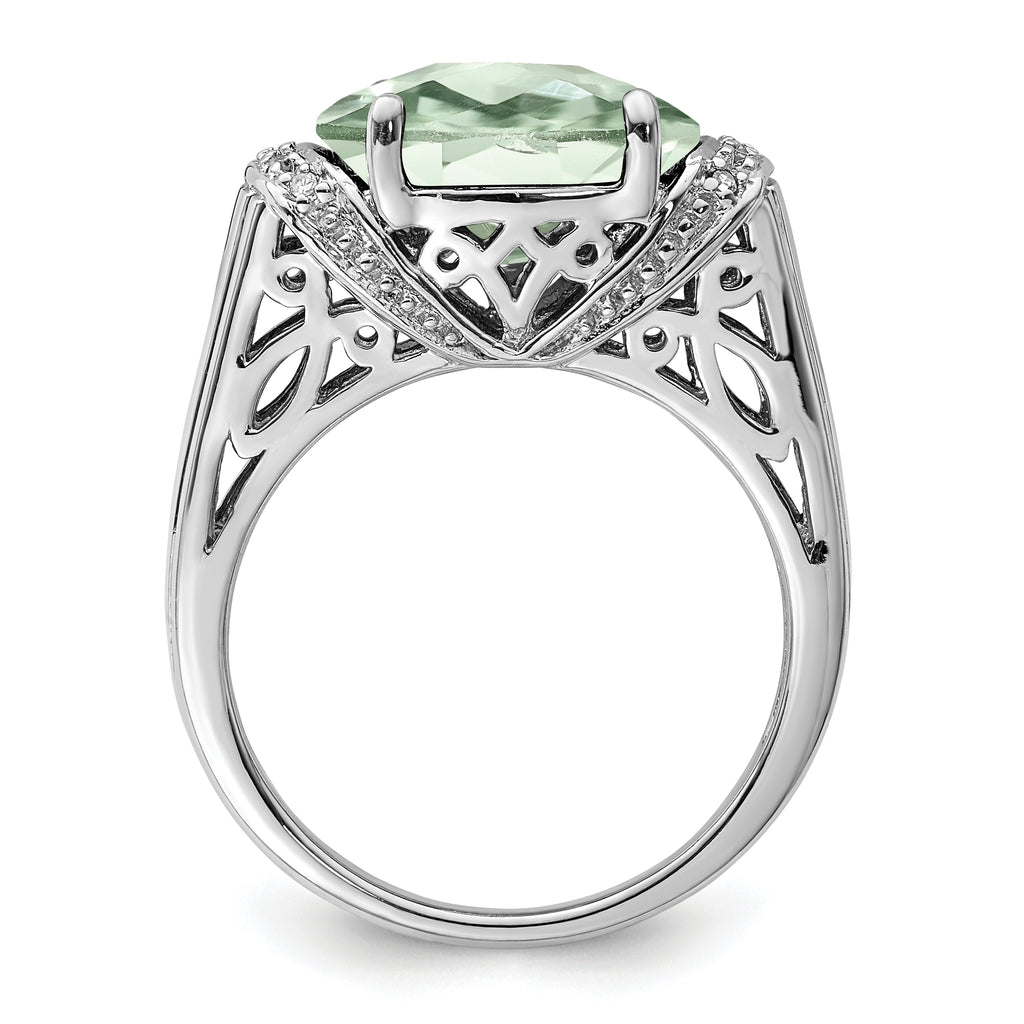 Sterling Silver Rhodium Checker-Cut Green Quartz & Diam. Ring