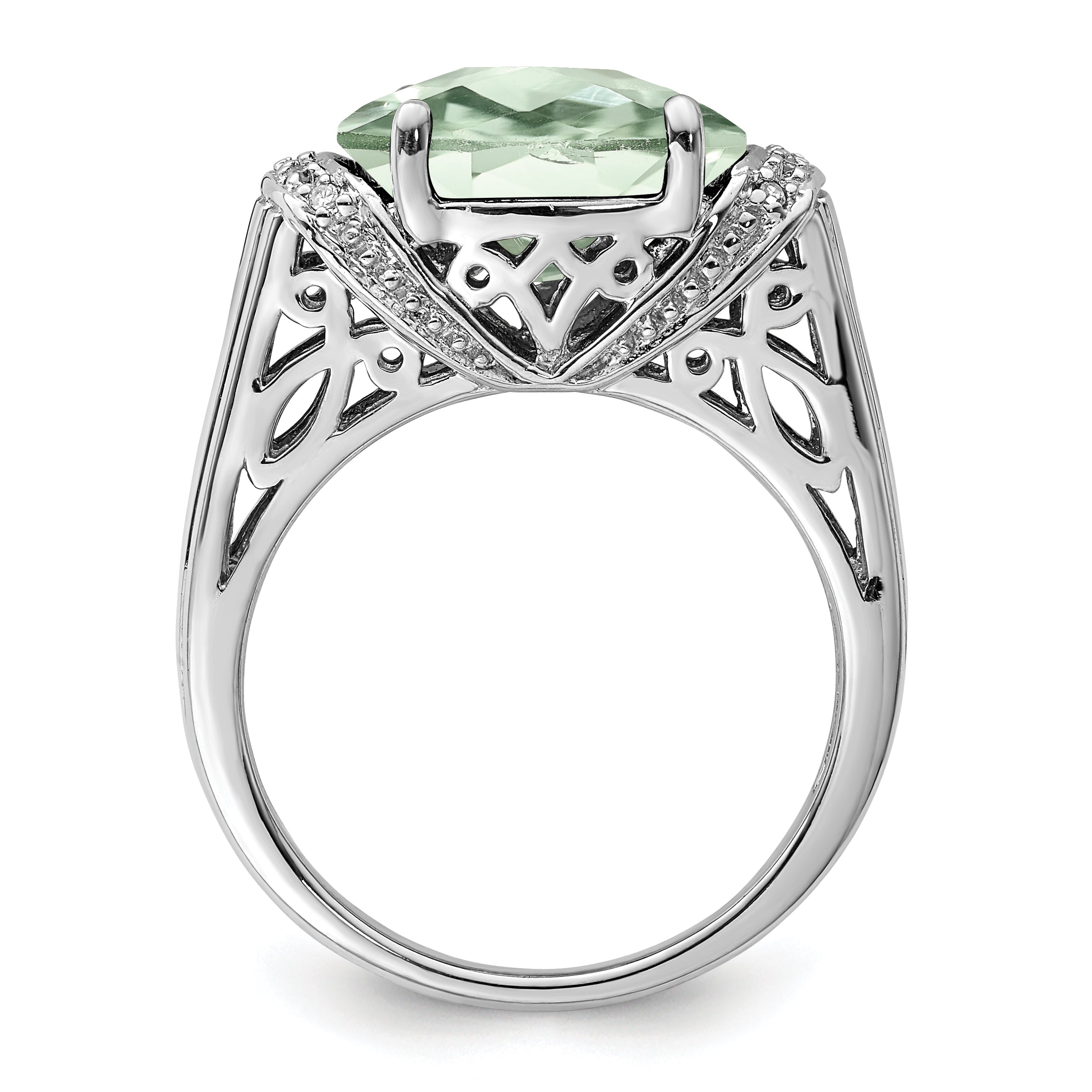 Sterling Silver Rhodium Checker-Cut Green Quartz & Diam. Ring