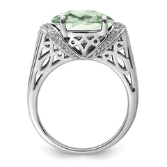 Sterling Silver Rhodium Checker-Cut Green Quartz & Diam. Ring