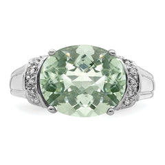 Sterling Silver Rhodium Checker-Cut Green Quartz & Diam. Ring