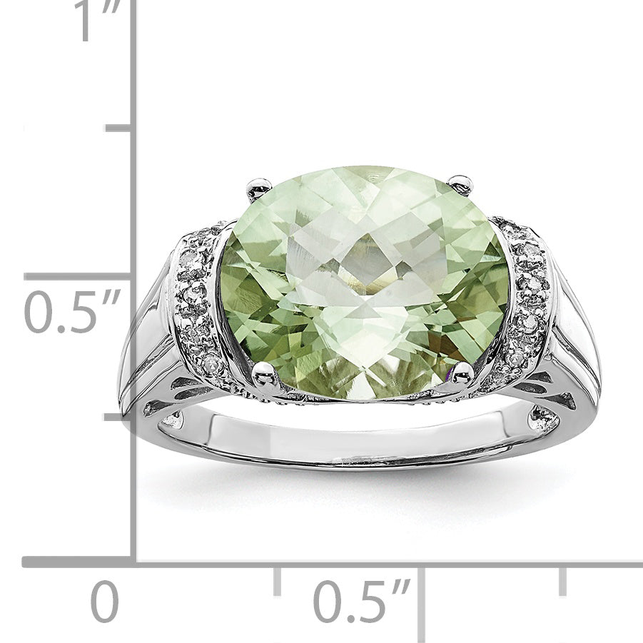 Sterling Silver Rhodium Checker-Cut Green Quartz & Diam. Ring