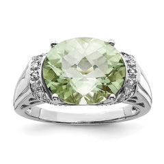 Sterling Silver Rhodium Checker-Cut Green Quartz & Diam. Ring