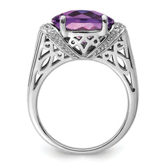 Sterling Silver Rhodium Oval Checker-Cut Amethyst & Diamond Ring