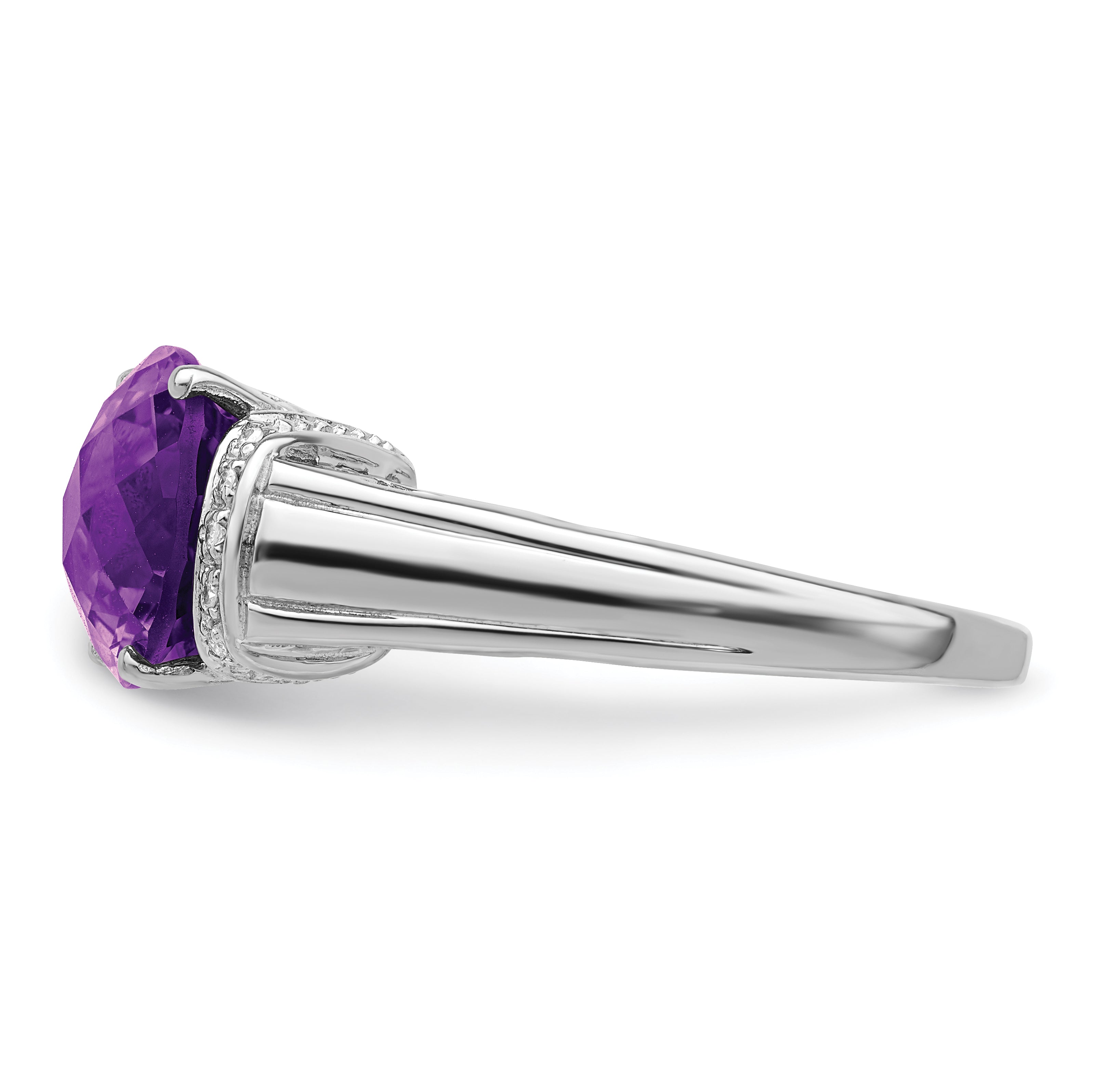 Sterling Silver Rhodium Oval Checker-Cut Amethyst & Diamond Ring