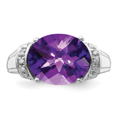 Sterling Silver Rhodium Oval Checker-Cut Amethyst & Diamond Ring