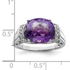 Sterling Silver Rhodium Oval Checker-Cut Amethyst & Diamond Ring