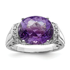 Sterling Silver Rhodium Oval Checker-Cut Amethyst & Diamond Ring