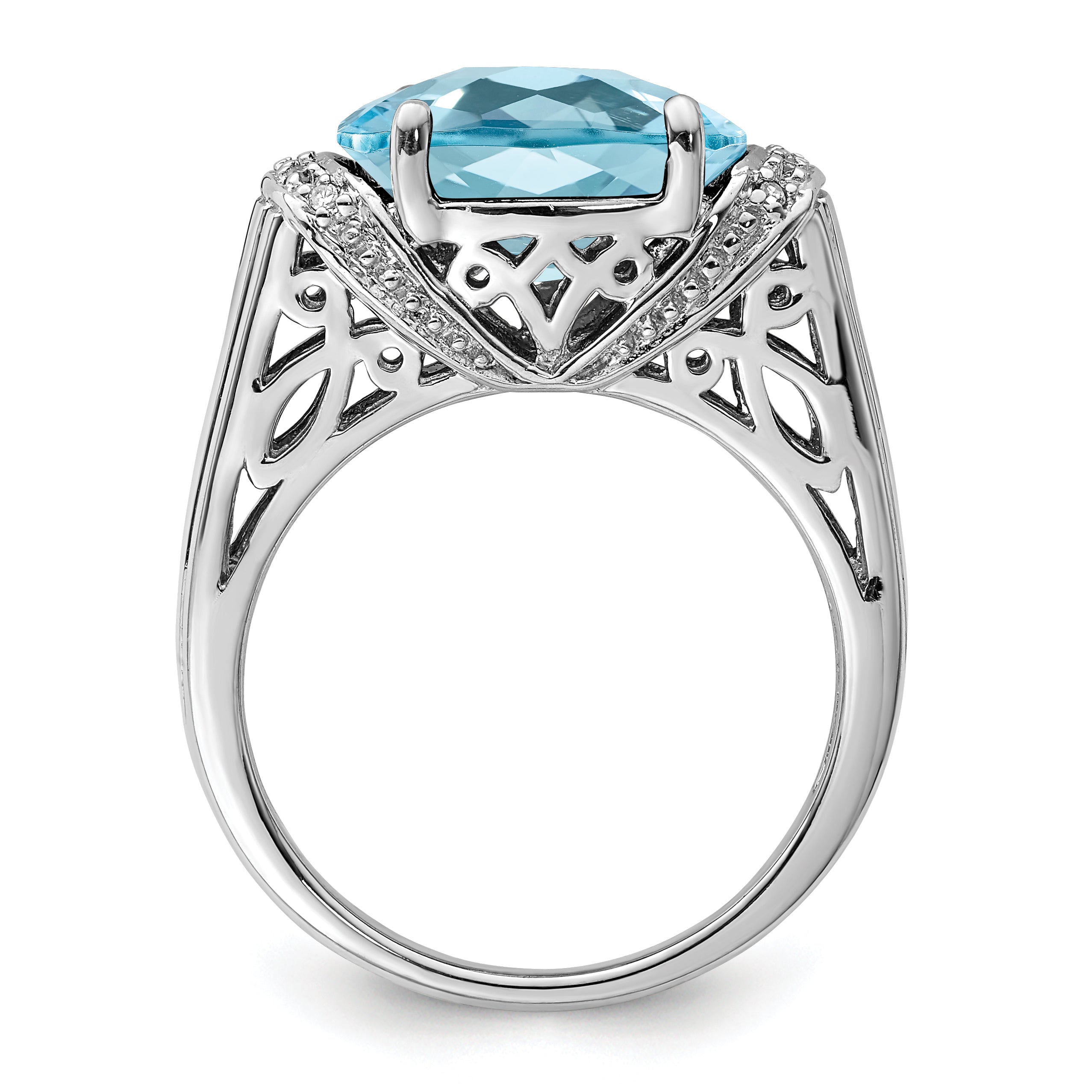 Sterling Silver Rhodium Checker-Cut Sky Blue Topaz & Diam. Ring