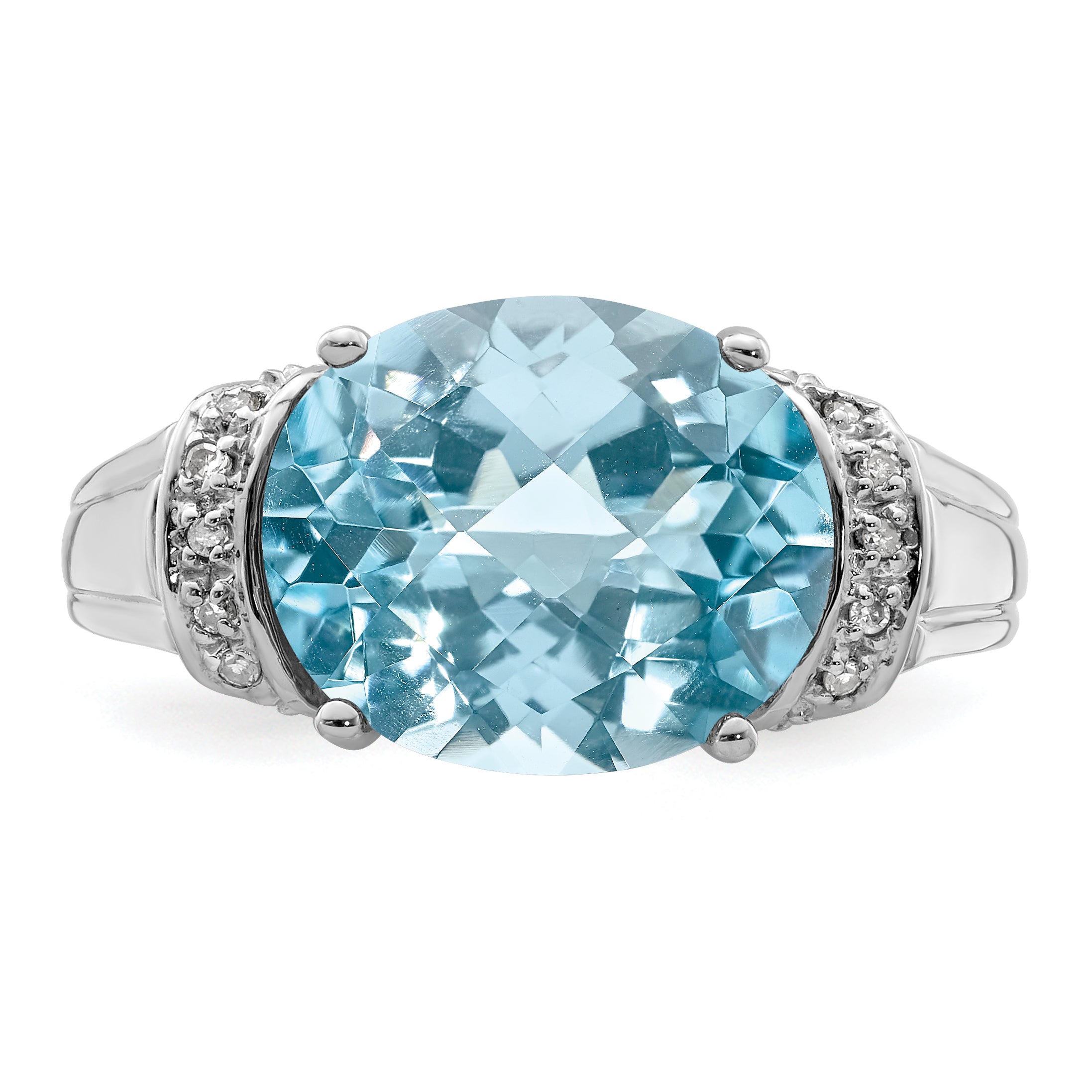 Sterling Silver Rhodium Checker-Cut Sky Blue Topaz & Diam. Ring