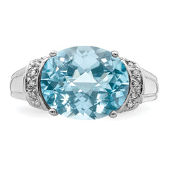 Sterling Silver Rhodium Checker-Cut Sky Blue Topaz & Diam. Ring