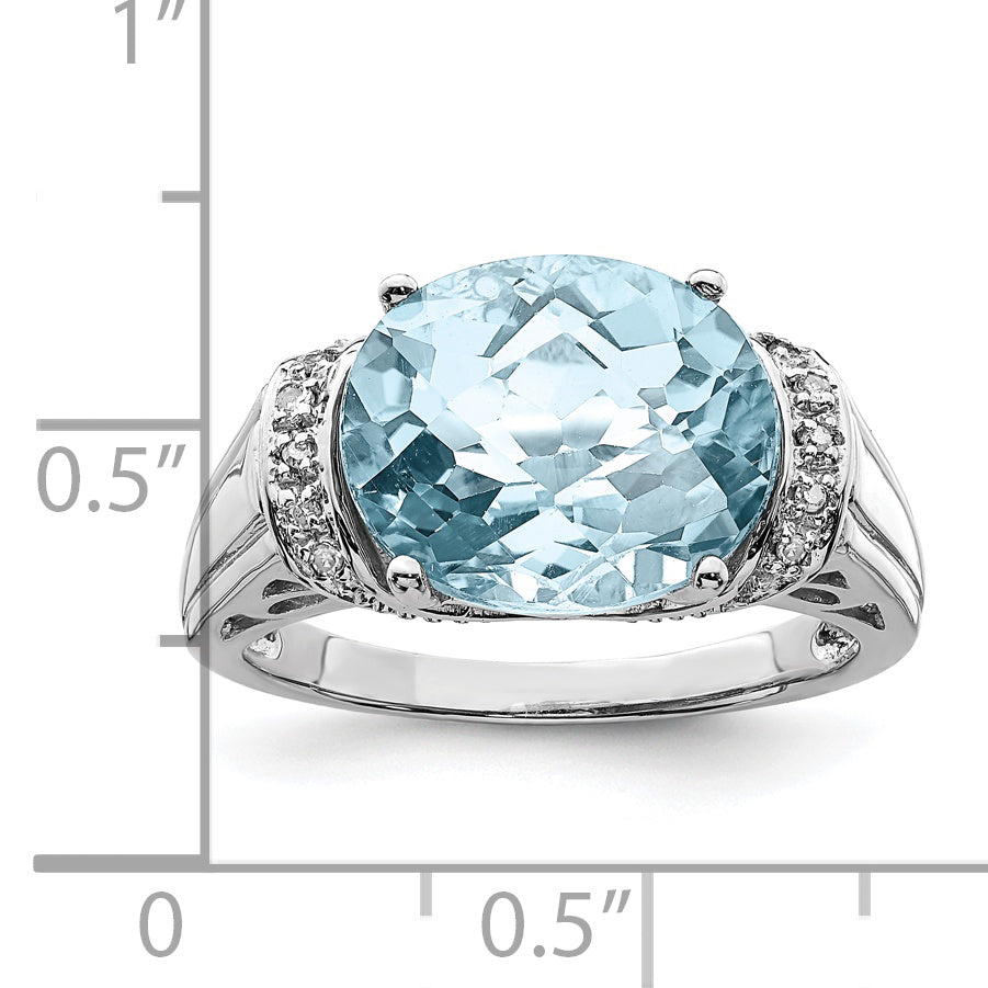 Sterling Silver Rhodium Checker-Cut Sky Blue Topaz & Diam. Ring
