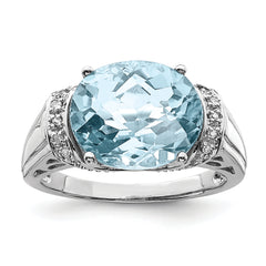 Sterling Silver Rhodium Checker-Cut Sky Blue Topaz & Diam. Ring