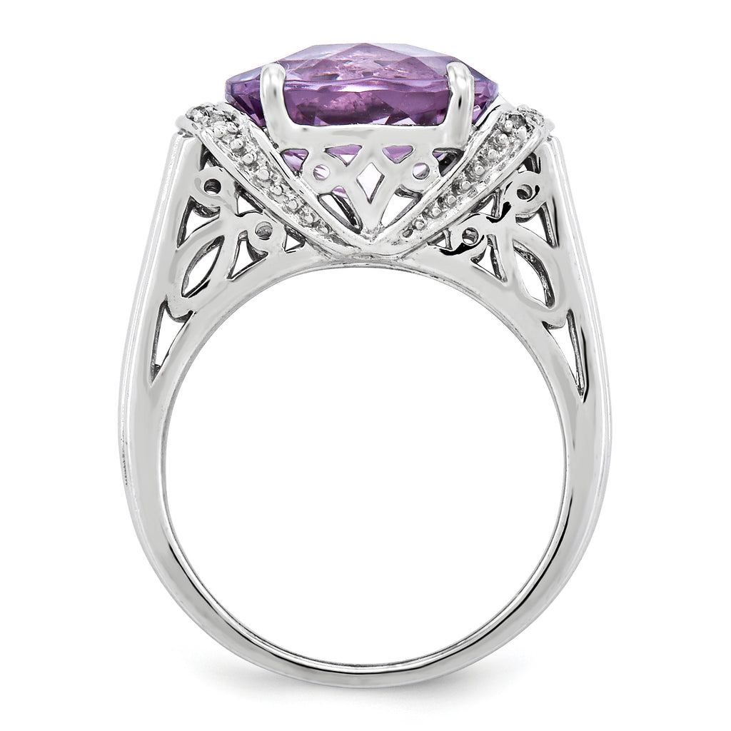Sterling Silver Rhodium-plated Checker-Cut Pink Quartz Ring