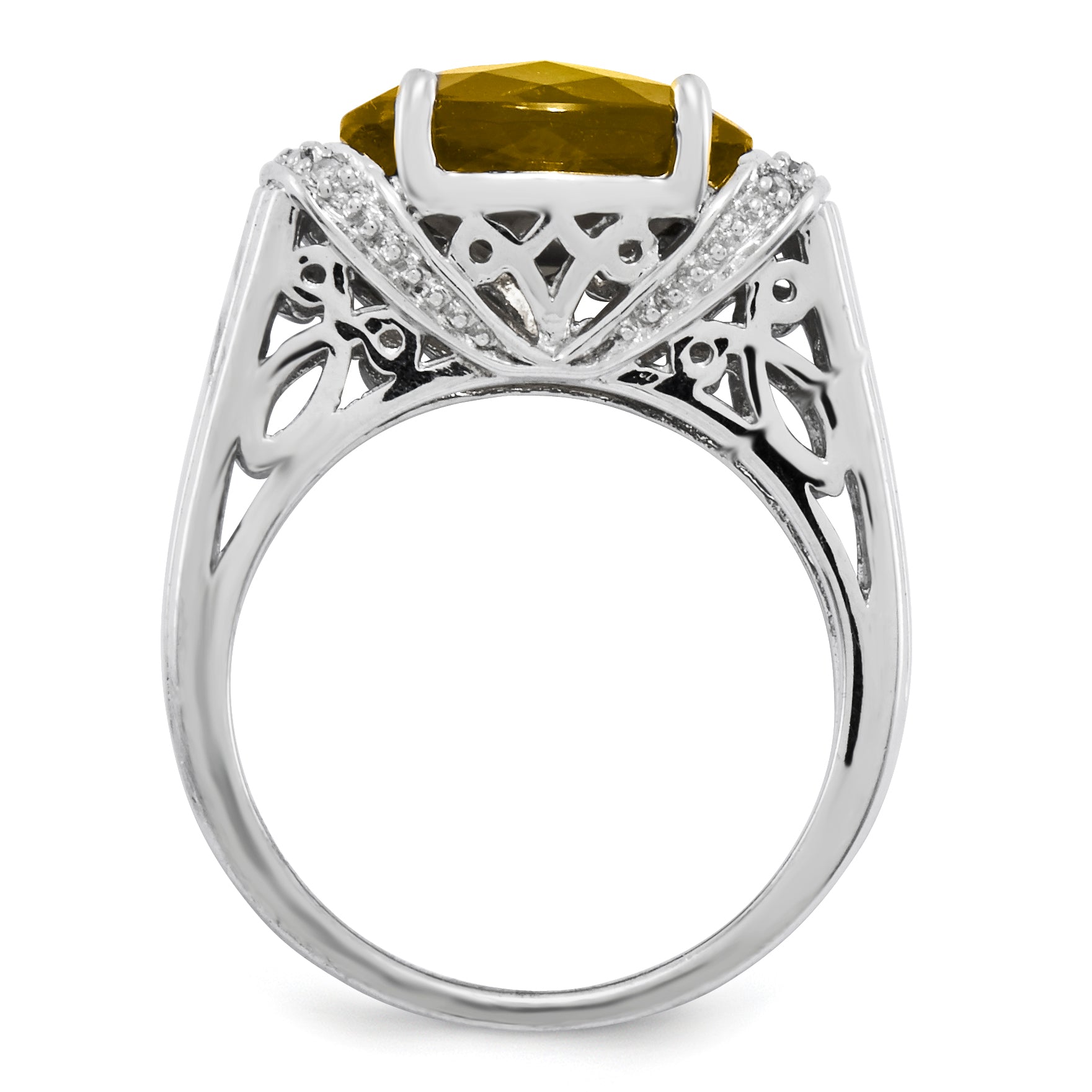Sterling Silver Rhodium-plated Checker-Cut Whiskey Quartz Ring Secondary image