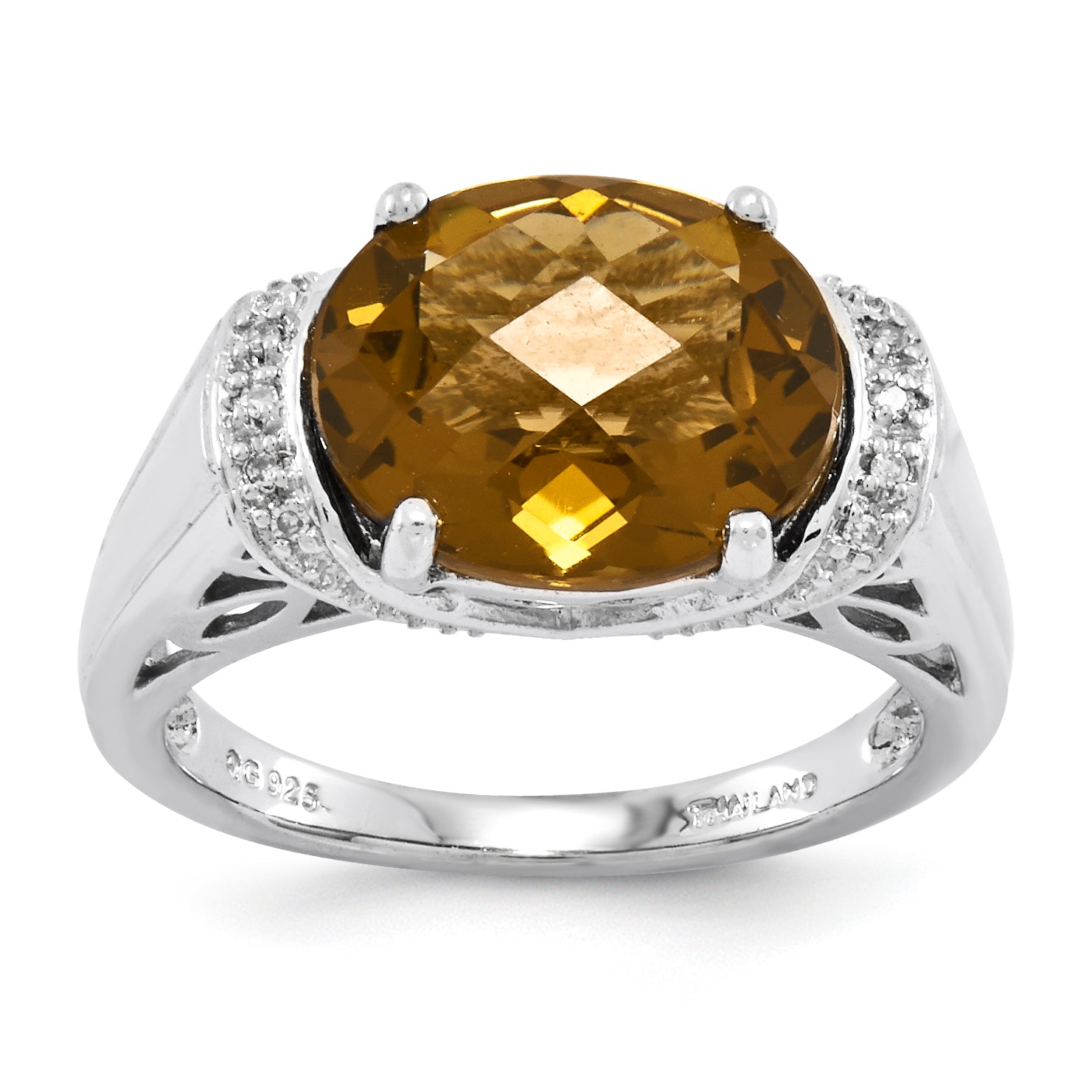 Sterling Silver Rhodium-plated Checker-Cut Whiskey Quartz Ring Main image