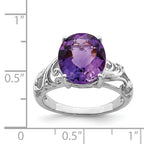 Sterling Silver Rhodium Oval Checker-Cut Amethyst & Diamond Ring