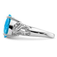 Sterling Silver Rhodium Checker-Cut Blue Topaz & Diam. Ring