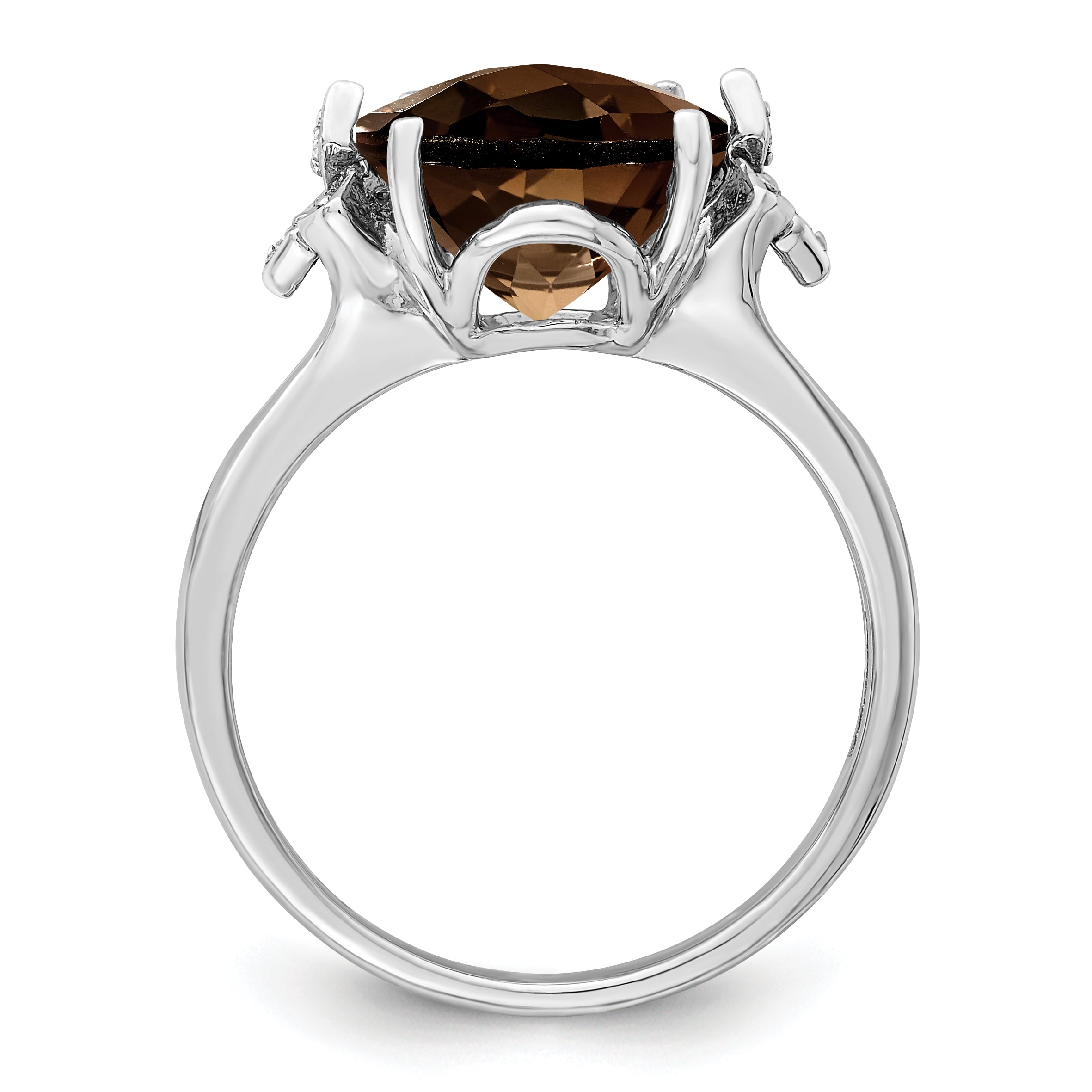Sterling Silver Rhodium Checker-Cut Smoky Quartz & Diam. Ring