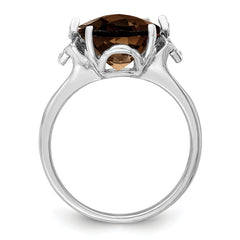 Sterling Silver Rhodium Checker-Cut Smoky Quartz & Diam. Ring