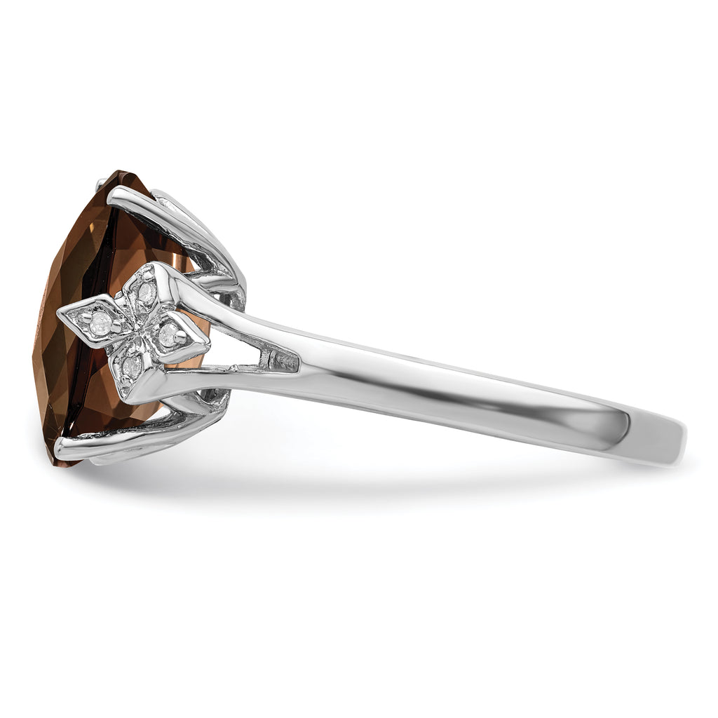 Sterling Silver Rhodium Checker-Cut Smoky Quartz & Diam. Ring
