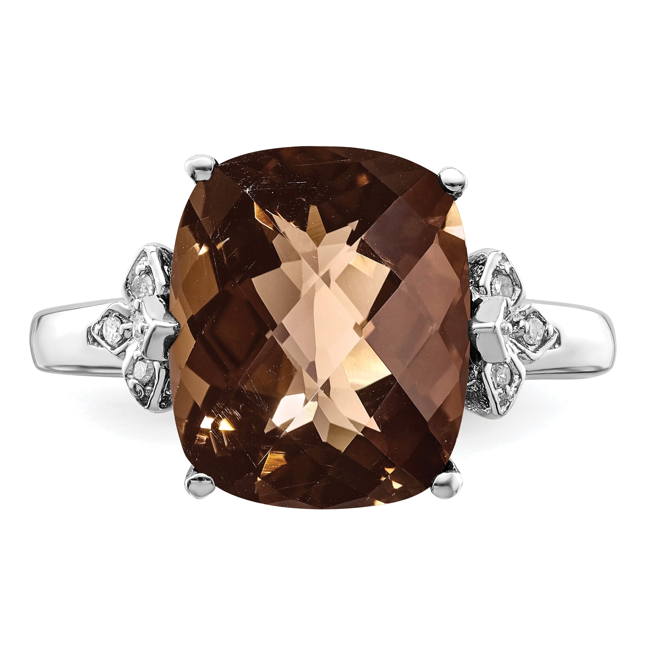 Sterling Silver Rhodium Checker-Cut Smoky Quartz & Diam. Ring
