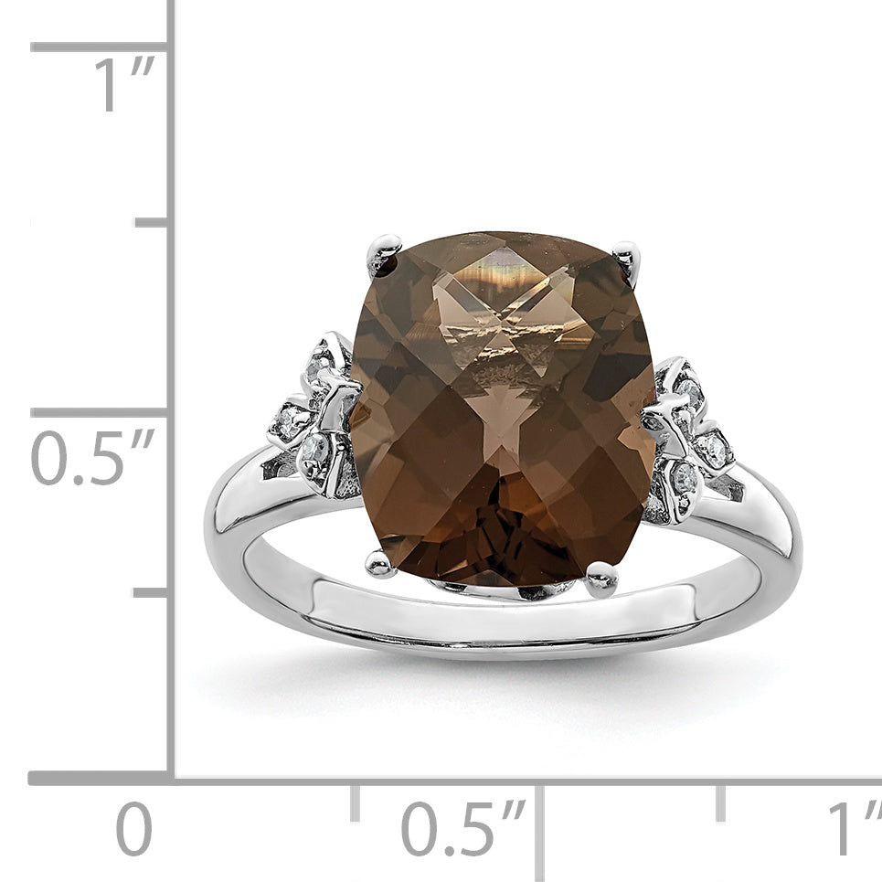 Sterling Silver Rhodium Checker-Cut Smoky Quartz & Diam. Ring