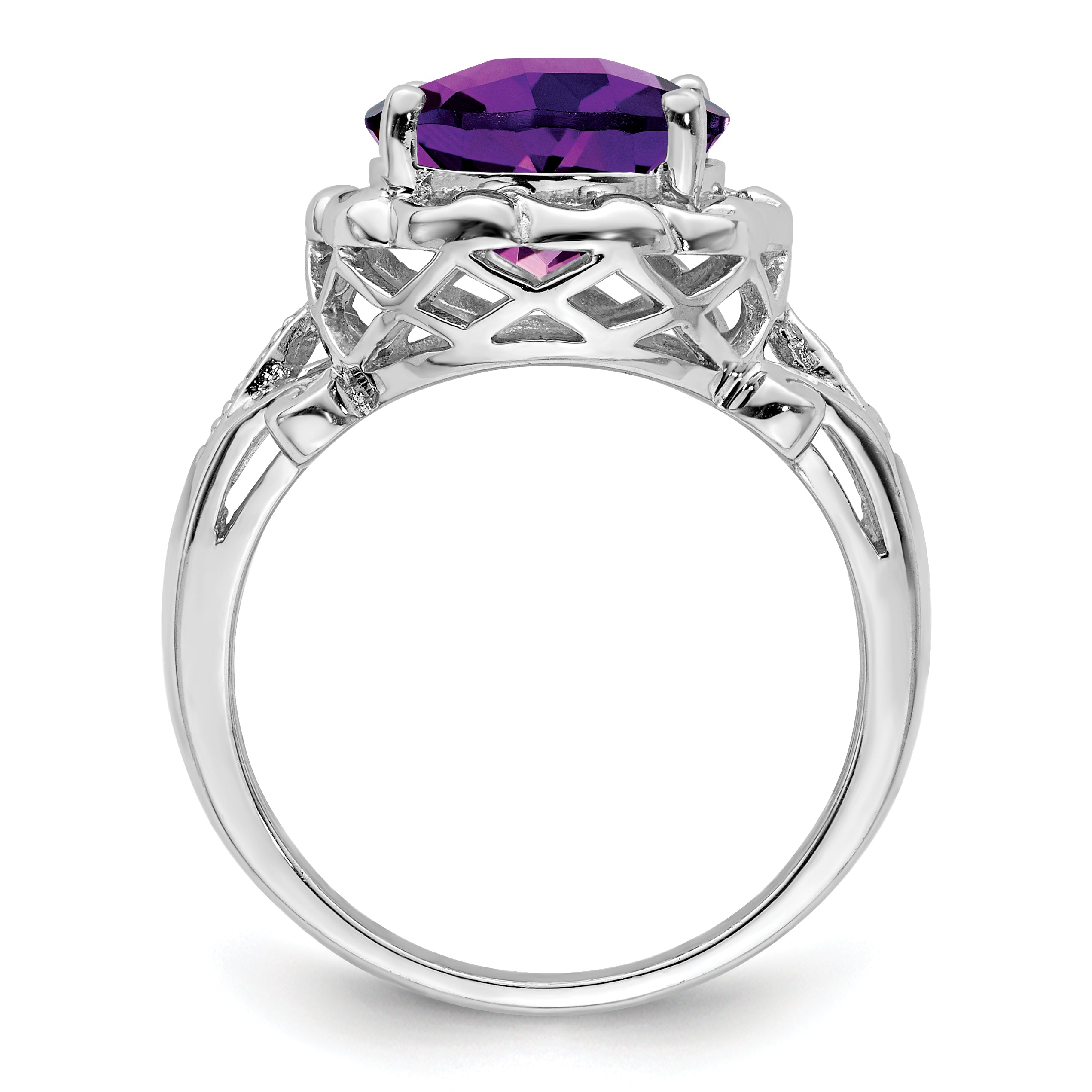 Sterling Silver Rhodium Oval Checker-Cut Amethyst & Diamond Ring Secondary image