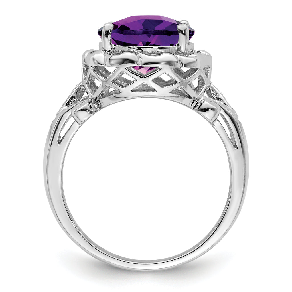 Sterling Silver Rhodium Oval Checker-Cut Amethyst & Diamond Ring