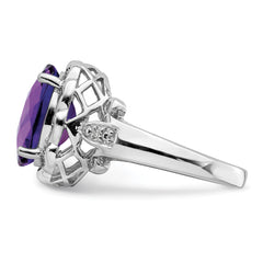 Sterling Silver Rhodium Oval Checker-Cut Amethyst & Diamond Ring