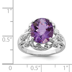 Sterling Silver Rhodium Oval Checker-Cut Amethyst & Diamond Ring