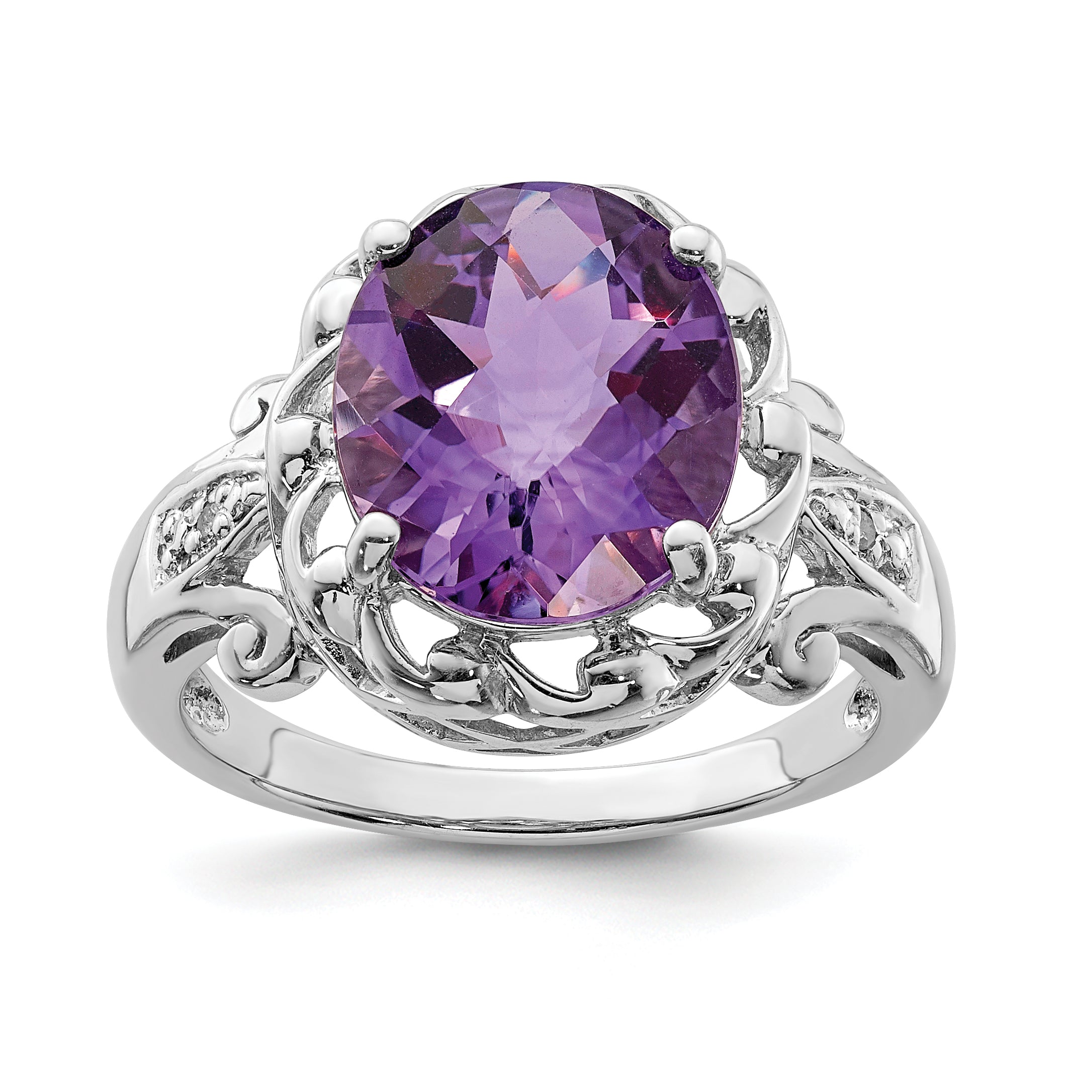 Sterling Silver Rhodium Oval Checker-Cut Amethyst & Diamond Ring