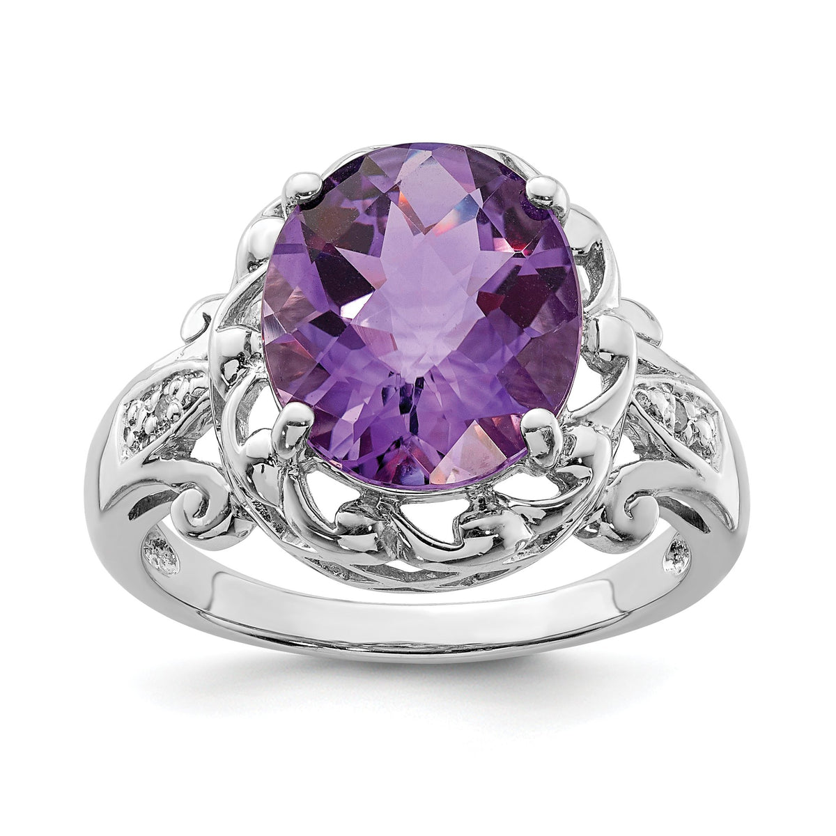 Filigree Oval Amethyst & Diamond Ring in Sterling Silver (0.01 ct. tw.), Size 7 - Sophia Jewelers Main image