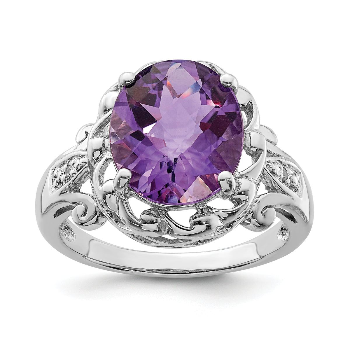 Sterling Silver Rhodium Oval Checker-Cut Amethyst & Diamond Ring