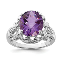 Sterling Silver Rhodium Oval Checker-Cut Amethyst & Diamond Ring