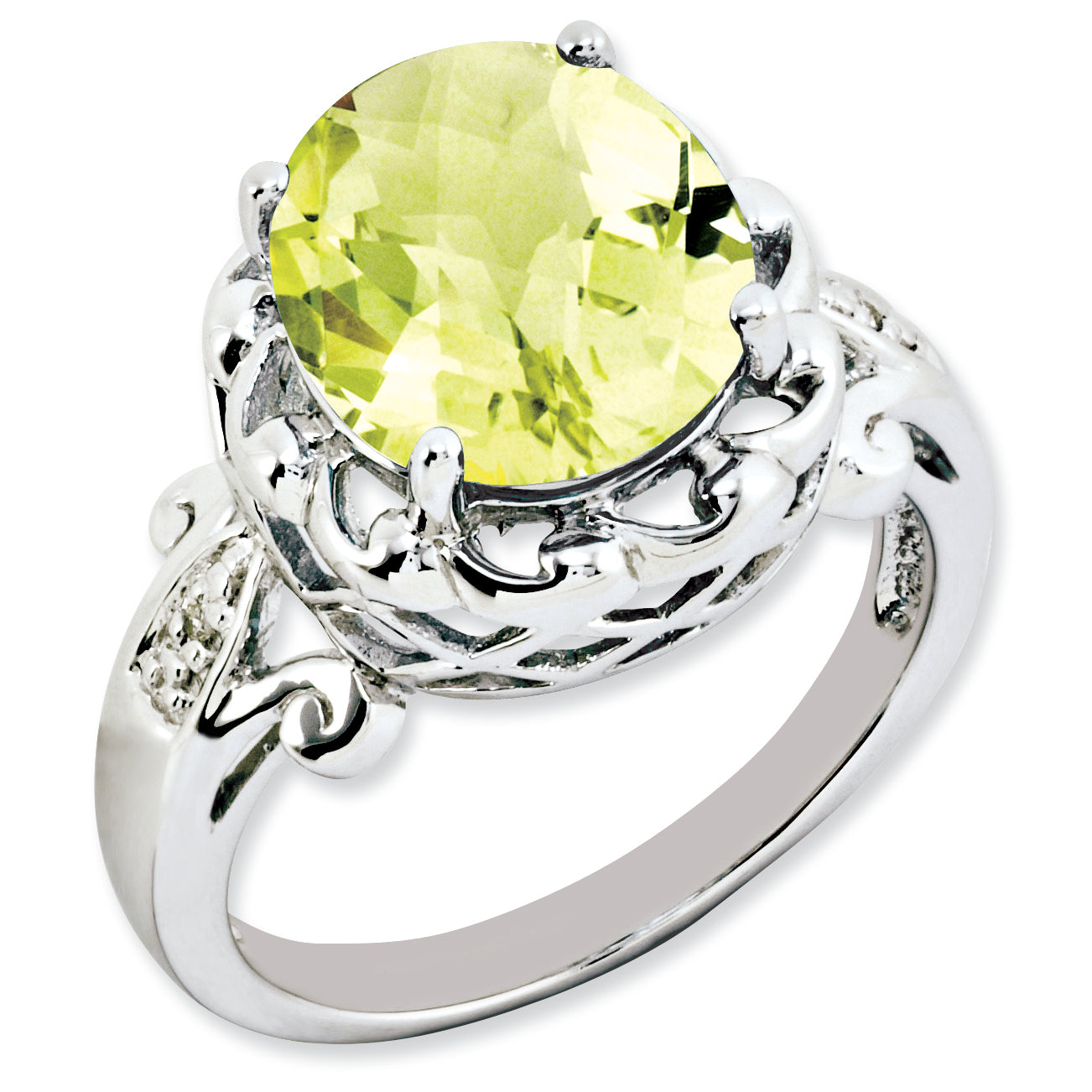 Sterling Silver RH-plated Oval Checker-Cut Lemon Quartz & Diamond Ring