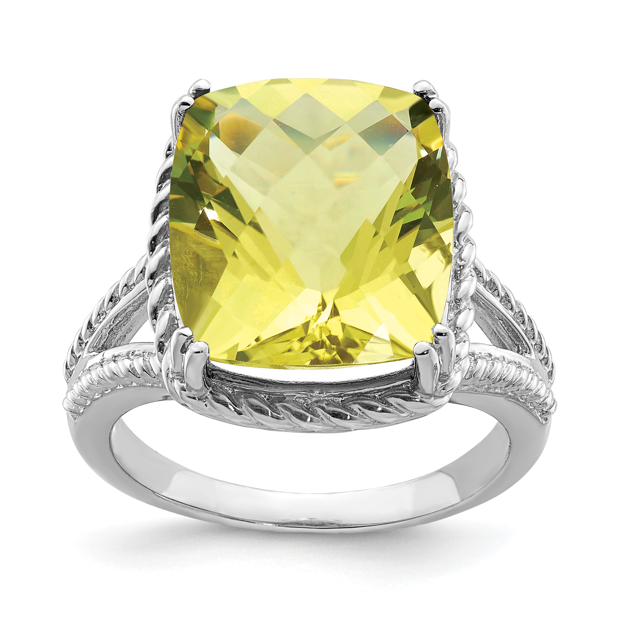 Sterling Silver Rhodium Checker-Cut Lemon Quartz Ring Main image