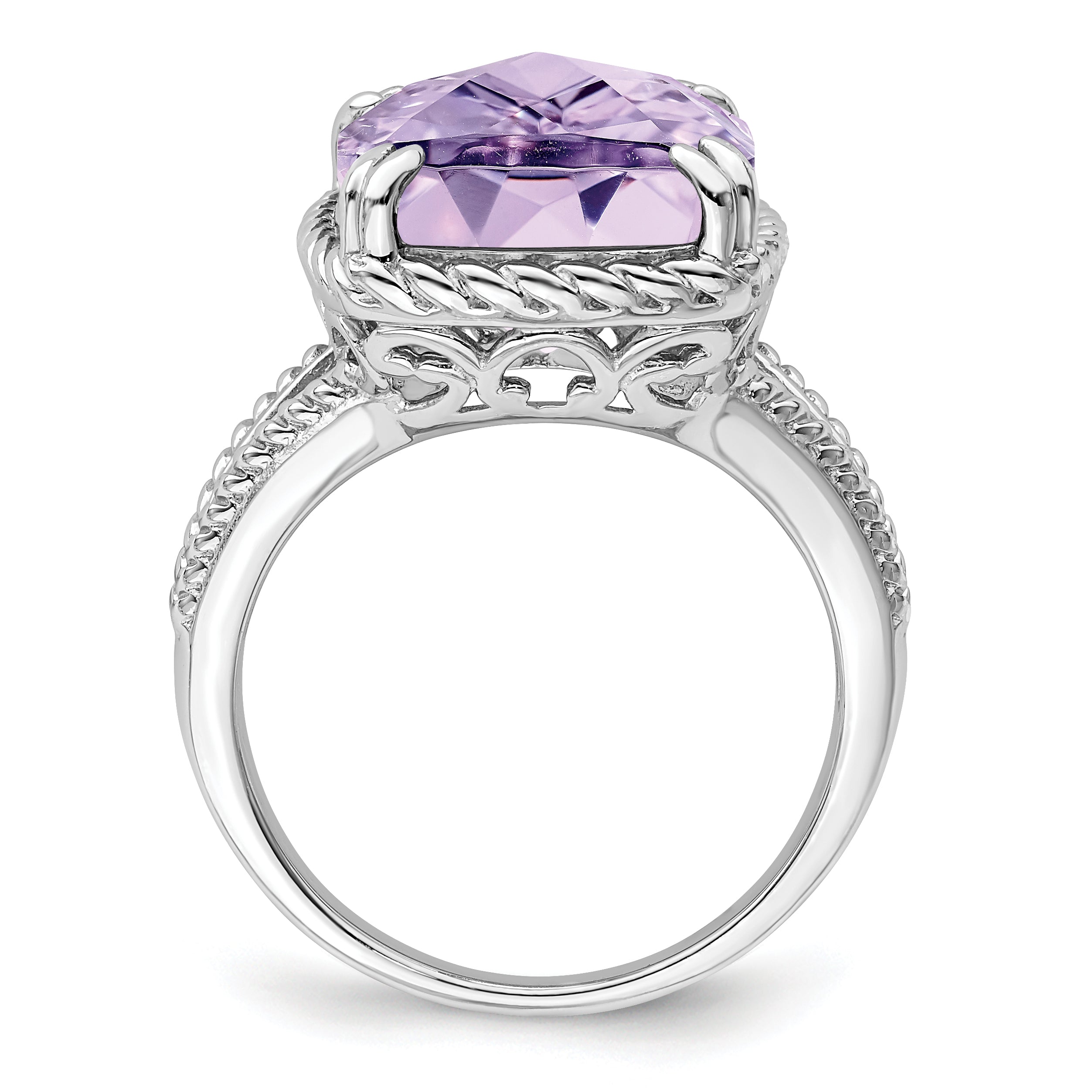 Sterling Silver Rhodium-Plated Checker-Cut Pink Quartz Ring