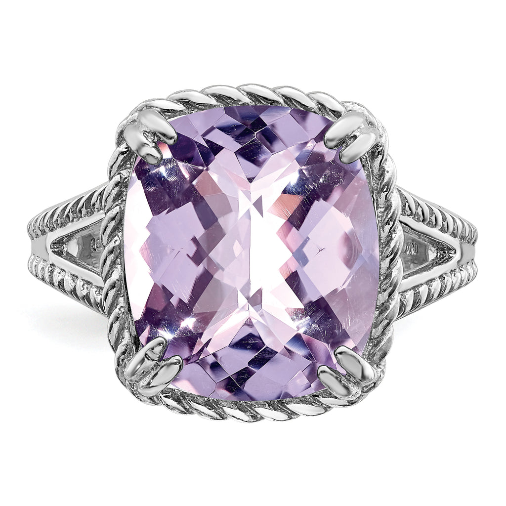 Sterling Silver Rhodium-Plated Checker-Cut Pink Quartz Ring