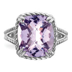 Sterling Silver Rhodium-Plated Checker-Cut Pink Quartz Ring