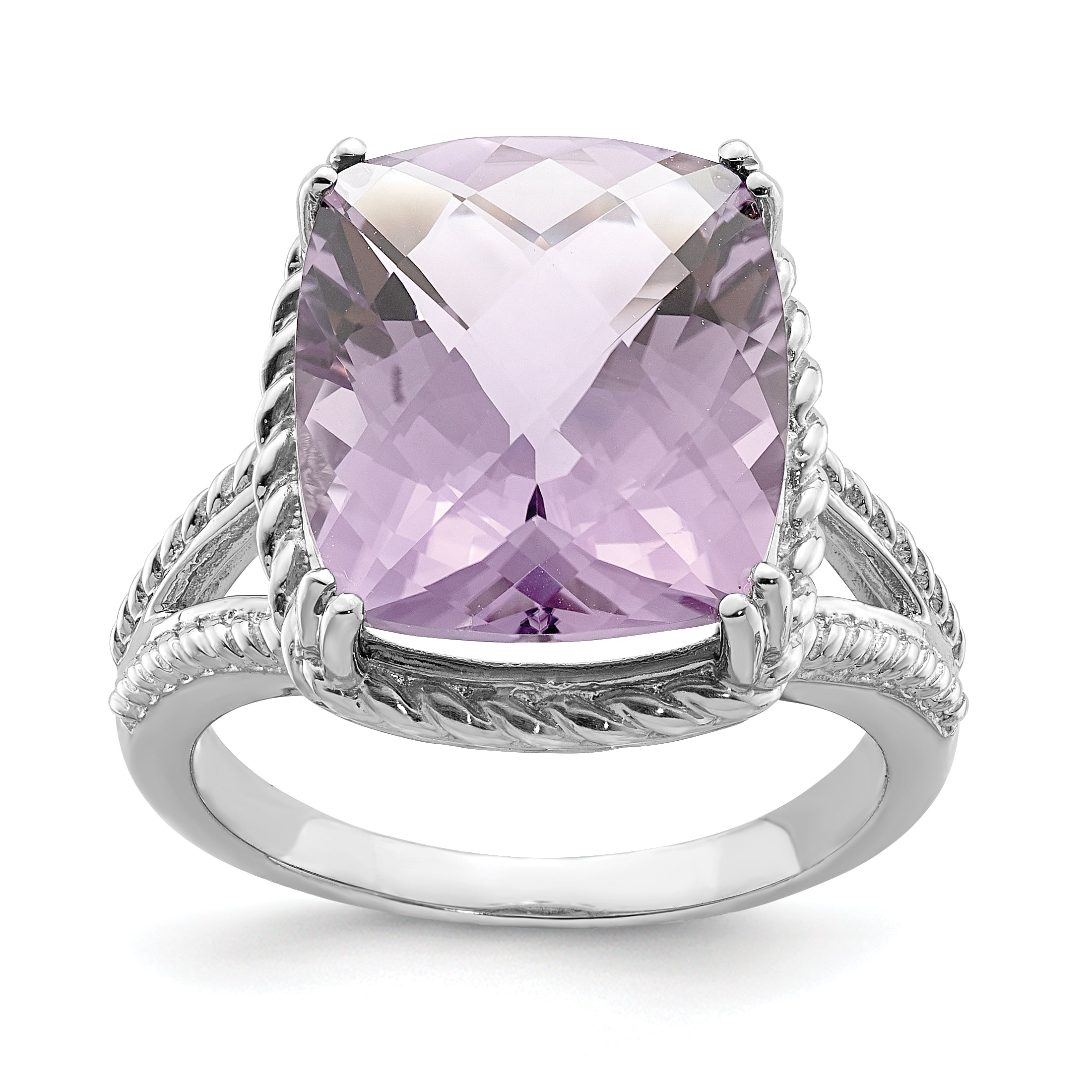 Sterling Silver Rhodium-Plated Checker-Cut Pink Quartz Ring