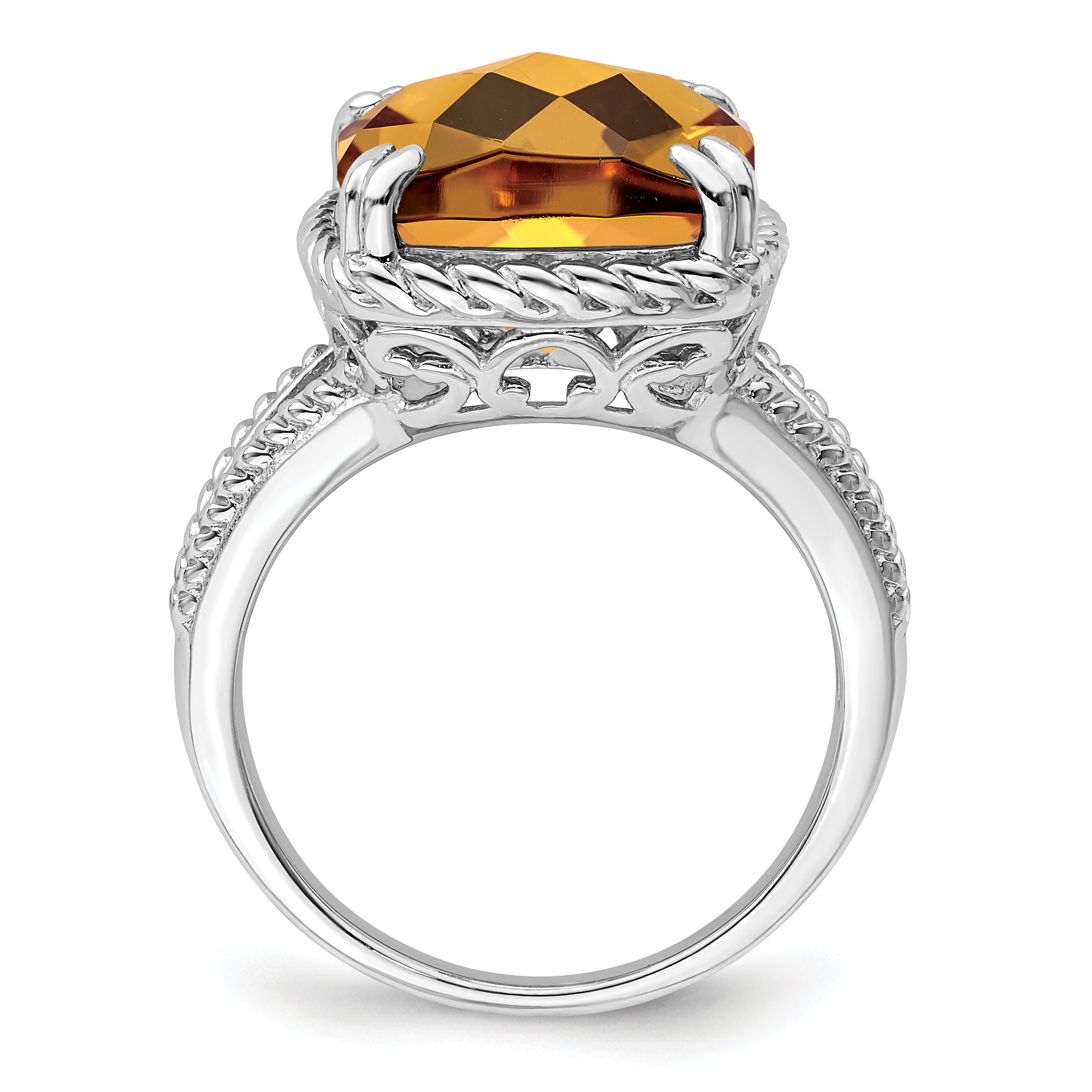Sterling Silver Rhodium Checker-Cut Whiskey Quartz Ring Secondary image