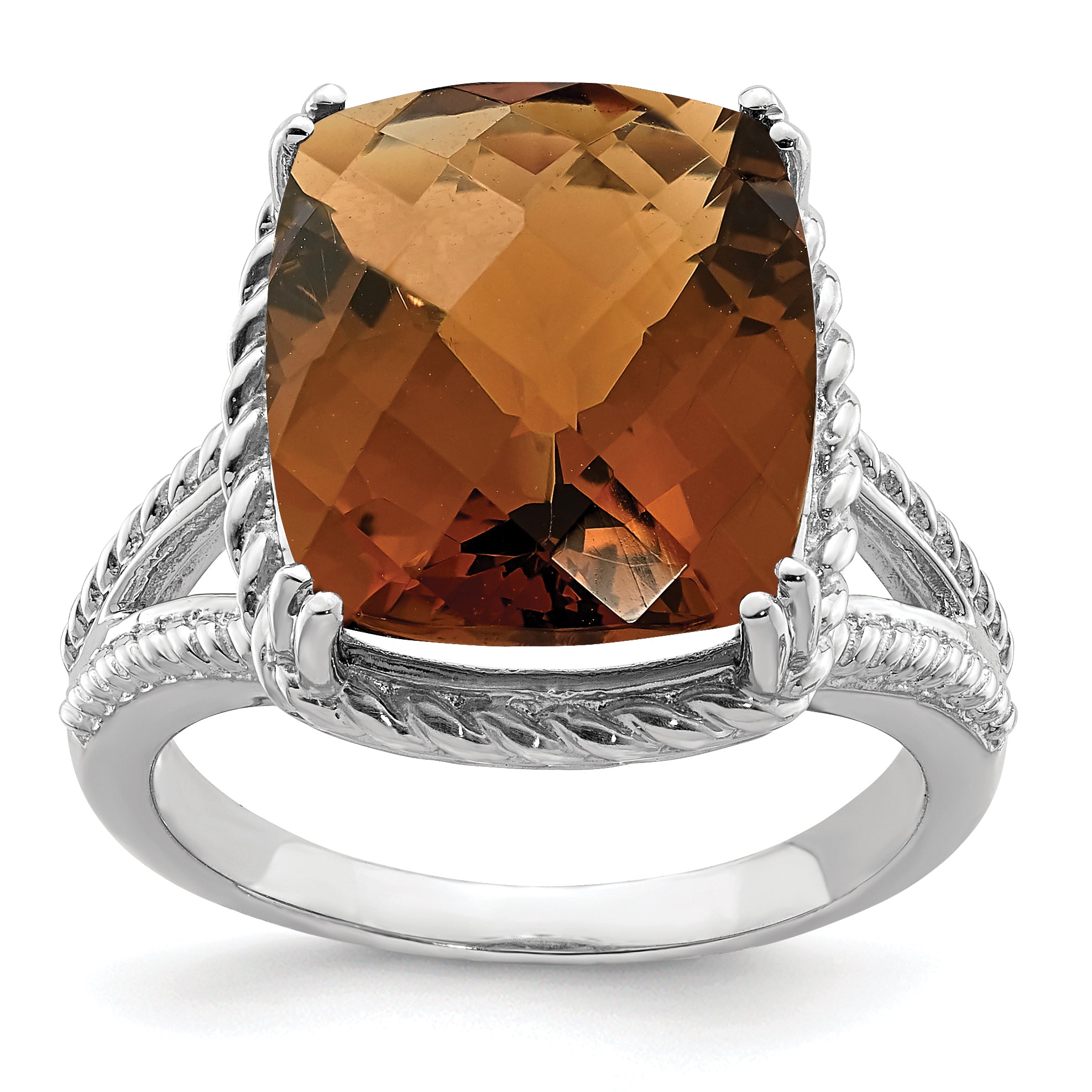 Sterling Silver Rhodium Checker-Cut Whiskey Quartz Ring Main image