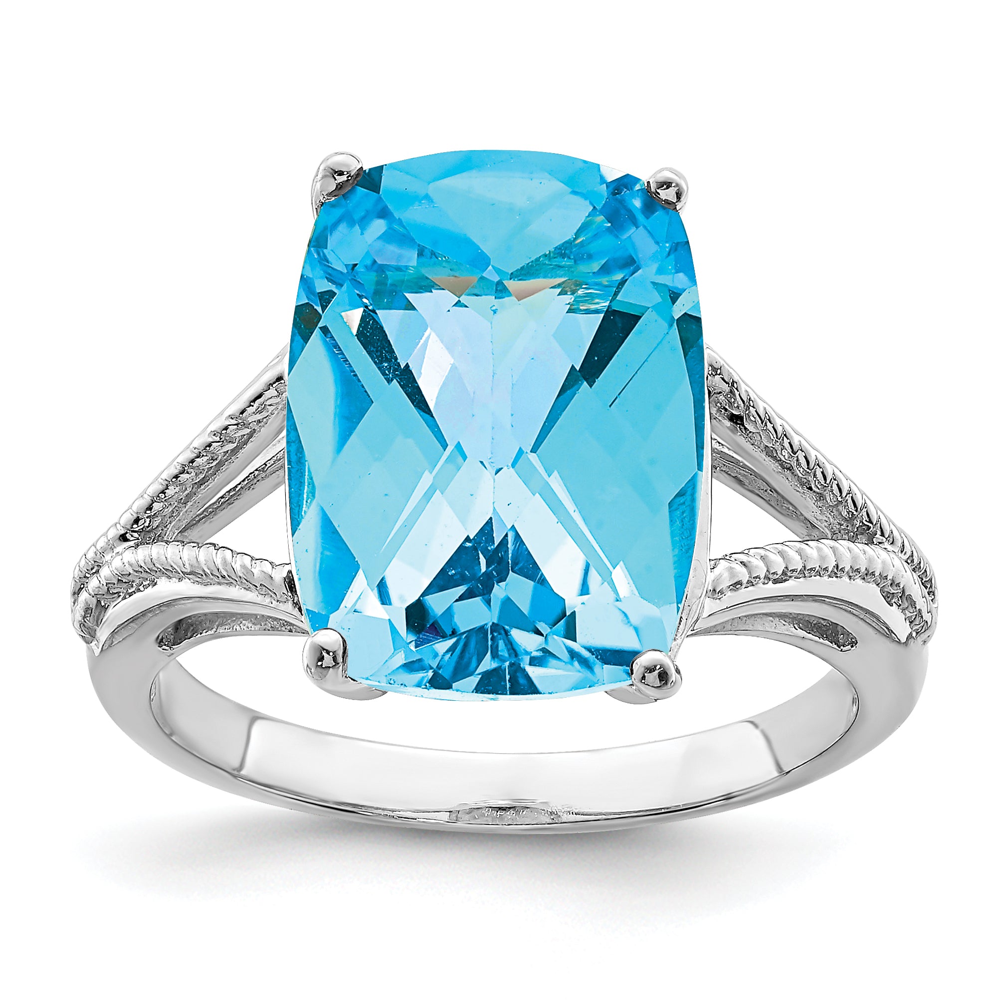 Sterling Silver Rhodium Checker-Cut Blue Topaz Ring Main image
