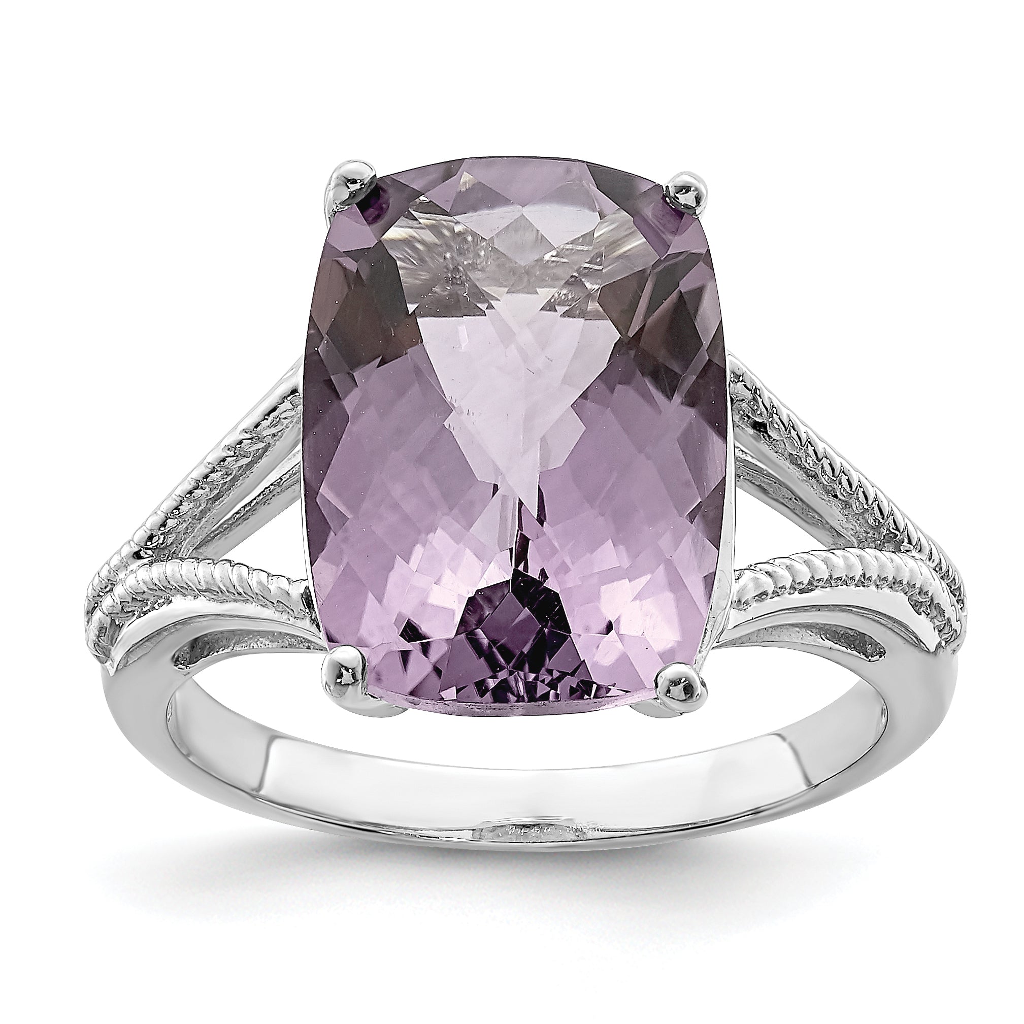 Sterling Silver Rhodium Checker-Cut Pink Quartz Ring Main image
