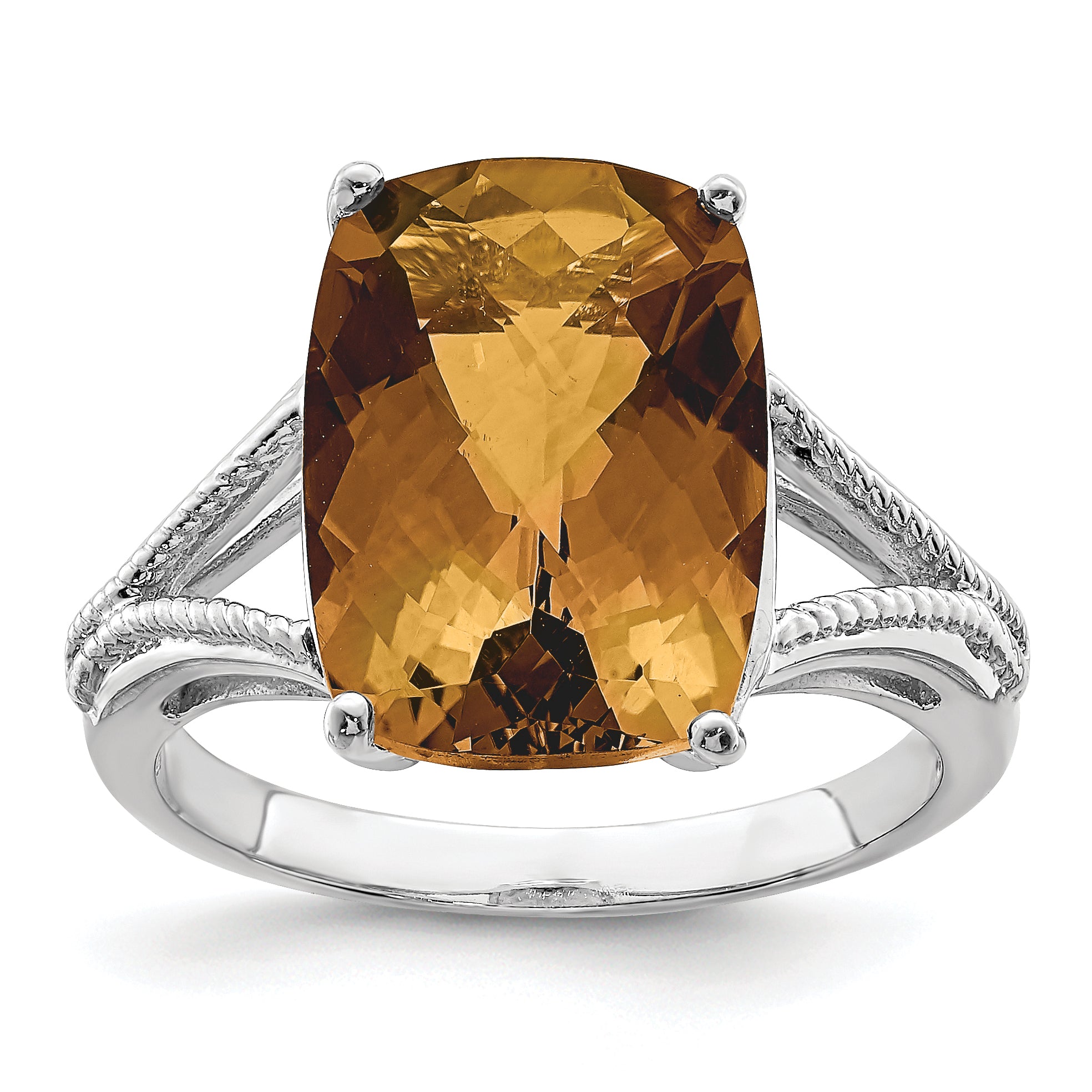 Sterling Silver Rhodium Checker-Cut Whiskey Quartz Ring Main image