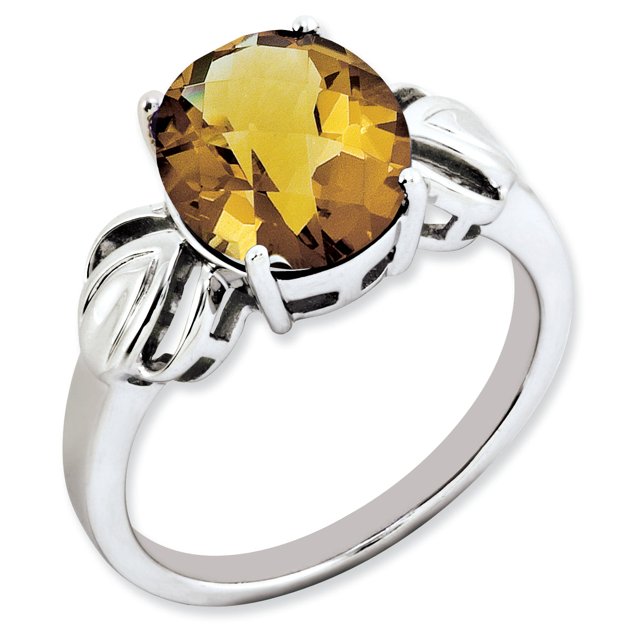 Sterling Silver Rhodium-plated Oval Checker-Cut Whiskey Quartz Ring