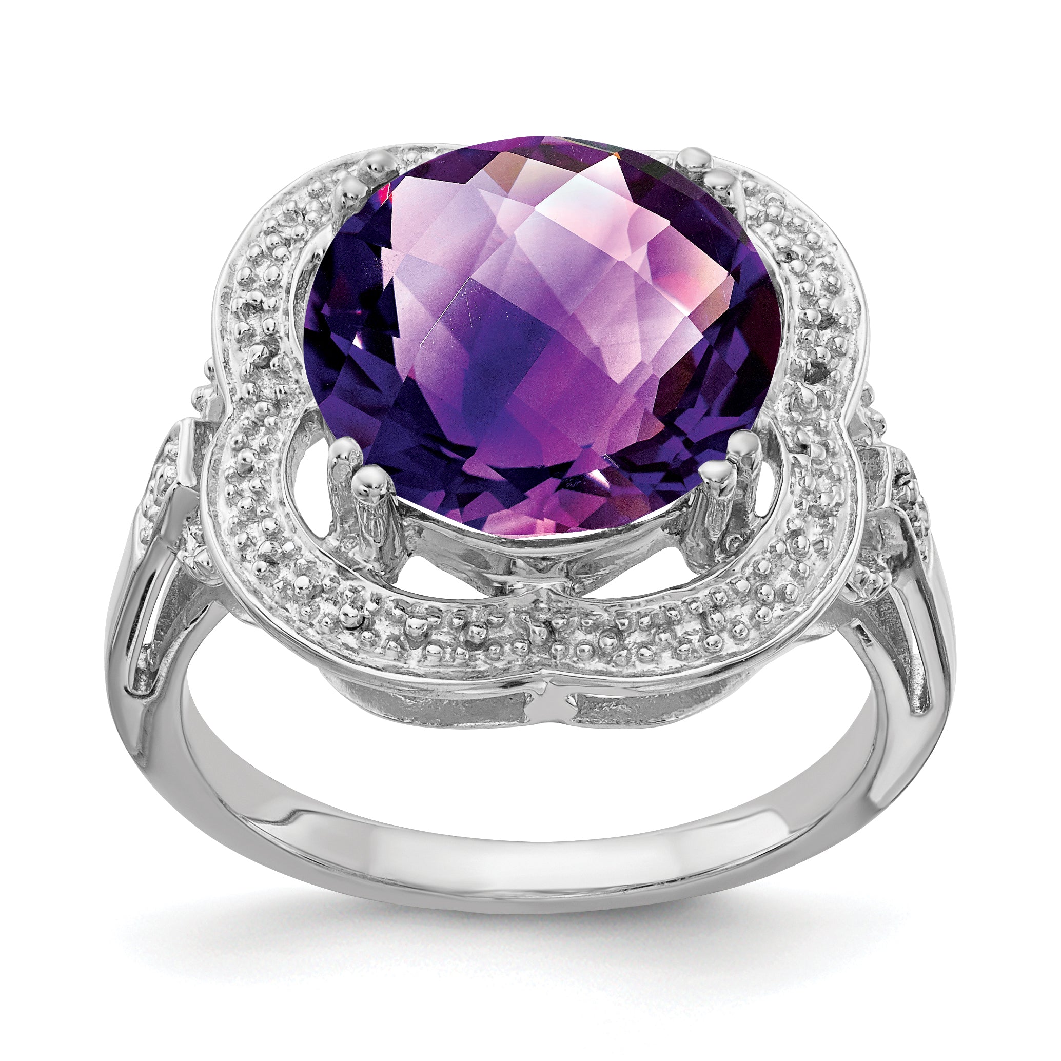 Sterling Silver Rhodium-plated Checker-Cut Amethyst Ring Main image